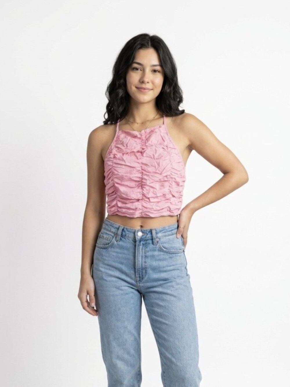 Zara Pink Ruched Spaghetti-Strap Crop Top